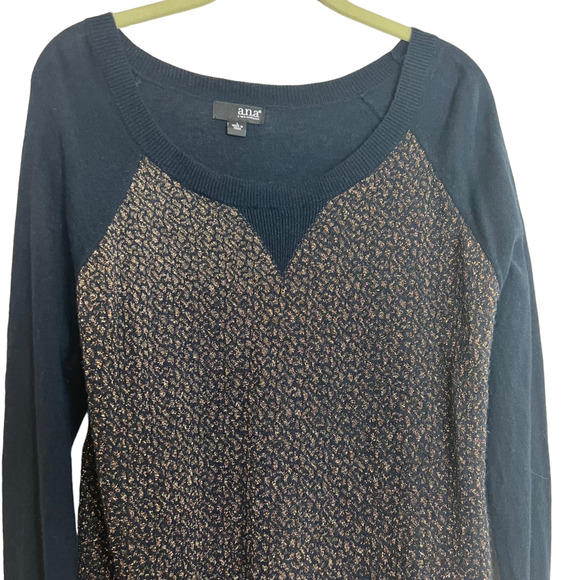 a.n.a. A New Approach Womens Sweater Large Navy Blue Bronze Glitter Threads - Picture 2 of 6